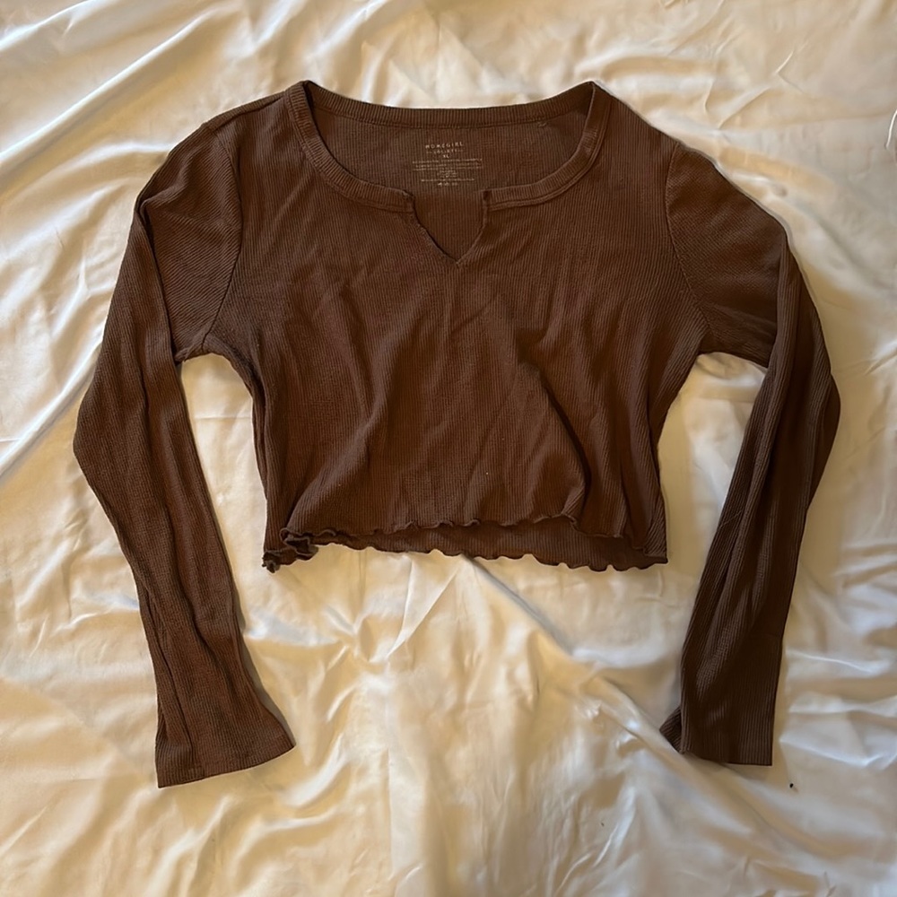 Cute Brown Long Sleeve Crop Top (3 FOR $55)